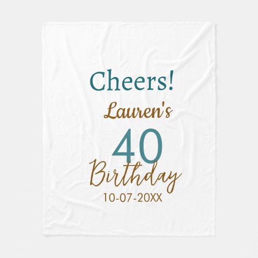 Cheers 40th birthday name date brown turquoise sim fleecedecke (Vorderseite)