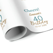 Cheers 40th birthday name date brown turquoise sim geschenkpapier (Rolleneckpunkt)