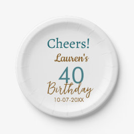Cheers 40th birthday name date brown turquoise sim pappteller