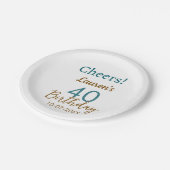 Cheers 40th birthday name date brown turquoise sim pappteller (Schrägansicht)