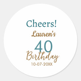 Cheers 40th birthday name date brown turquoise sim runder aufkleber