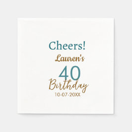 Cheers 40th birthday name date brown turquoise sim serviette