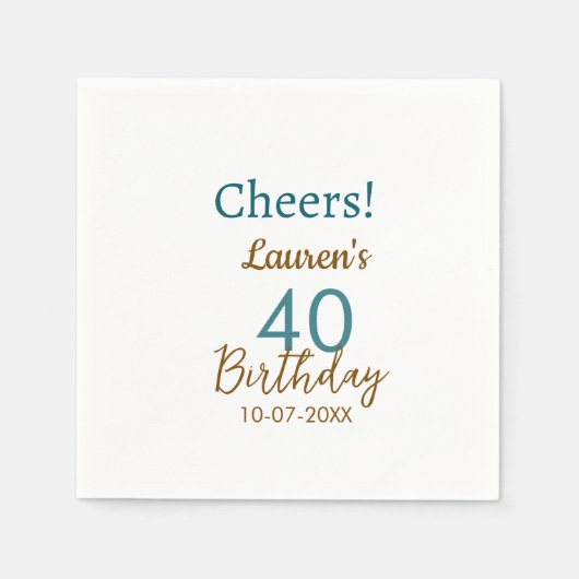 Cheers 40th birthday name date brown turquoise sim serviette (Vorderseite)