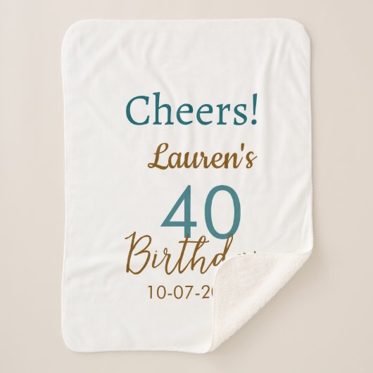 Cheers 40th birthday name date brown turquoise sim sherpadecke (Vorderseite)