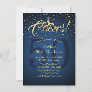 Cheers 50. Geburtstagsparty Navy Blue Gold Glitzer Einladung