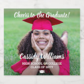 Cheers Abschluss 1 Foto Elegantes, weißes Script Schaumweinetikett (Einzelnes Label)