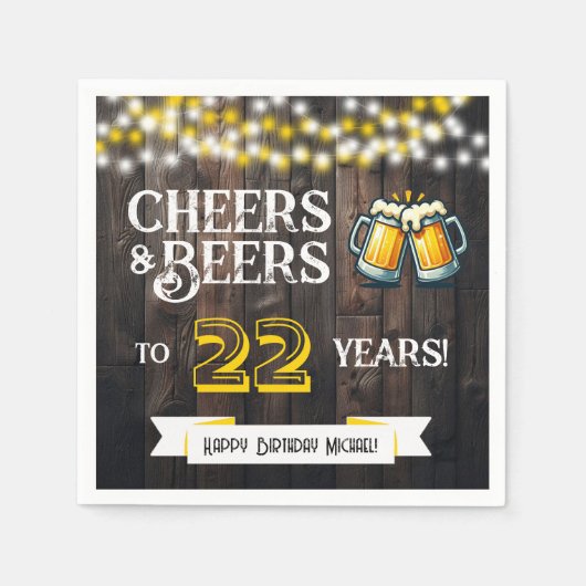 Cheers and Beers to 22 Years Rustic Birthday Serviette (Vorderseite)