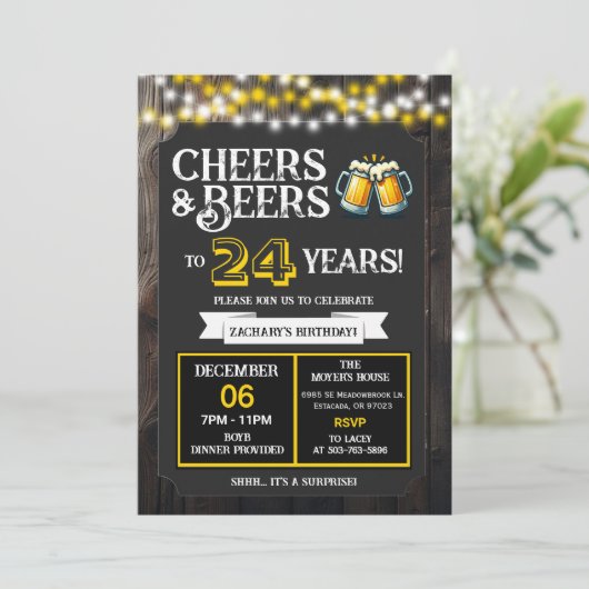 Cheers and Beers to 24 Years Surprise Backyard Einladung (Stehend Vorderseite)