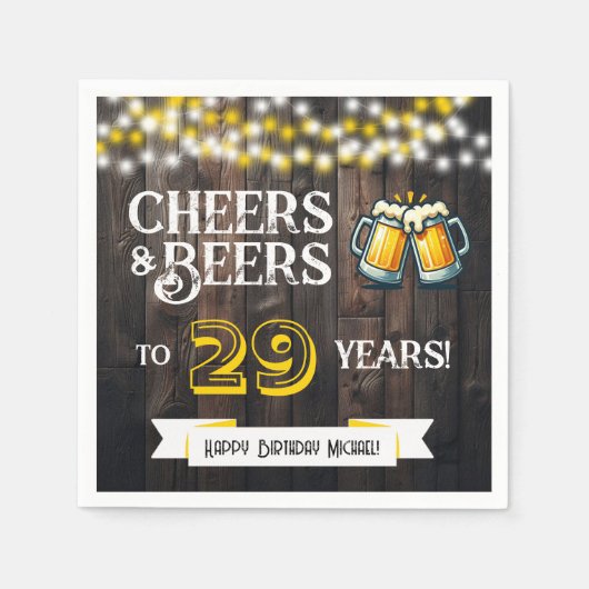 Cheers and Beers to 29 Years Rustic Birthday Party Serviette (Vorderseite)