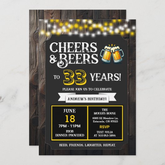 Cheers and Beers to 33 Years Backyard BBQ Birthday Einladung (Vorne/Hinten)