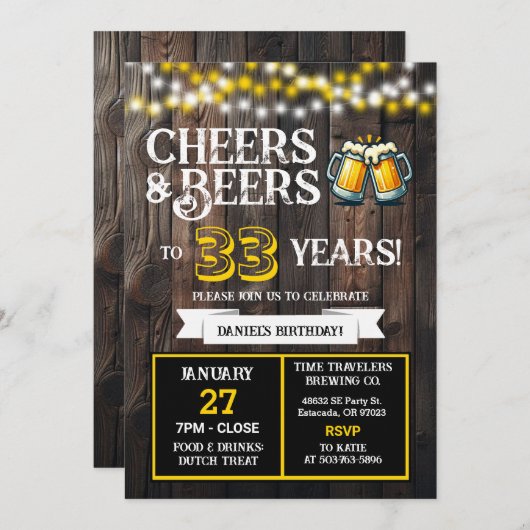 Cheers and Beers to 33 Years Brewery Birthday Einladung (Vorne/Hinten)