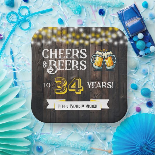 Cheers and Beers to 34 Years Rustic Birthday Pappteller (Party)