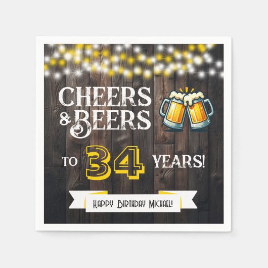 Cheers and Beers to 34 Years Rustic Birthday Party Serviette (Vorderseite)