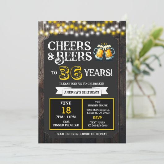 Cheers and Beers to 36 Years Backyard BBQ Birthday Einladung (Stehend Vorderseite)