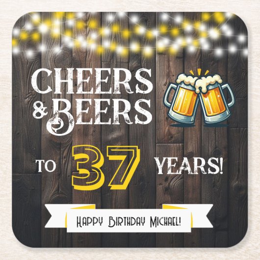 Cheers and Beers to 37 Years Rustic Birthday Rechteckiger Pappuntersetzer (Vorderseite)