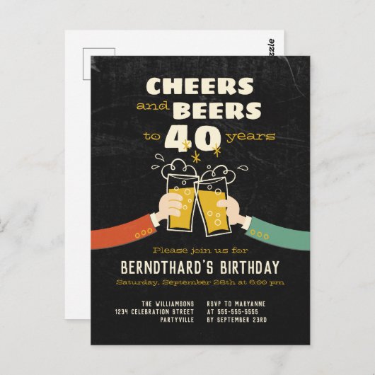 Cheers and Beers To 40 Years Retro Einladung Postkarte (Vorne/Hinten)