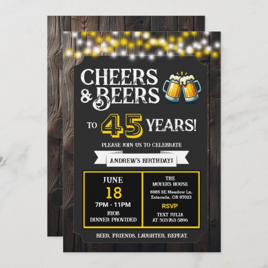 Cheers and Beers to 45 Years Backyard BBQ Birthday Einladung (Vorne/Hinten)