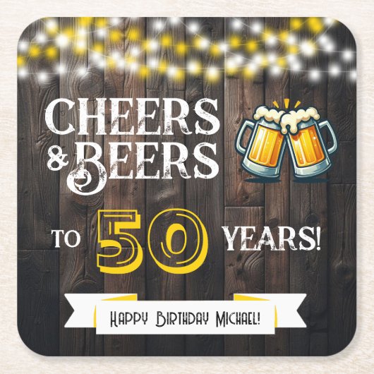 Cheers and Beers to 50 Years Rustic Birthday Rechteckiger Pappuntersetzer (Vorderseite)