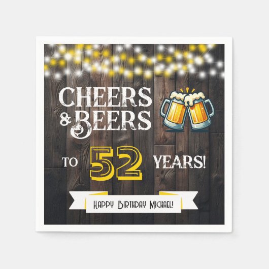 Cheers and Beers to 52 Years Rustic Birthday Party Serviette (Vorderseite)