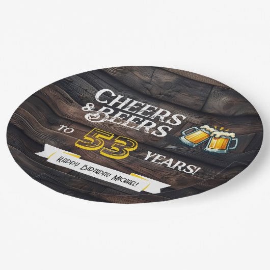 Cheers and Beers to 53 Years Rustic Birthday Pappteller (Schrägansicht)