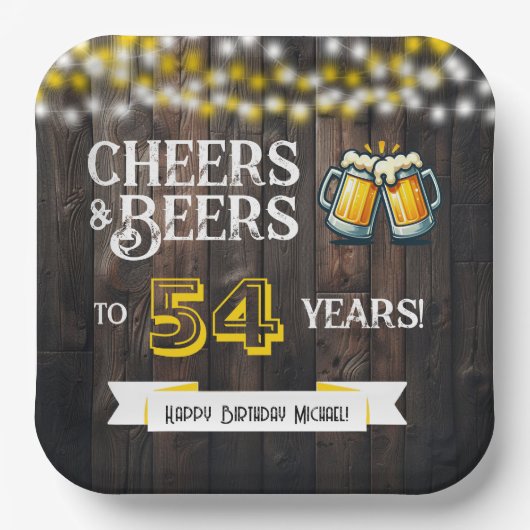 Cheers and Beers to 54 Years Rustic Birthday Pappteller (Vorderseite)