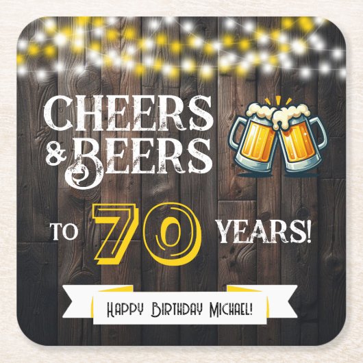 Cheers and Beers to 70 Years Rustic Birthday Rechteckiger Pappuntersetzer (Vorderseite)
