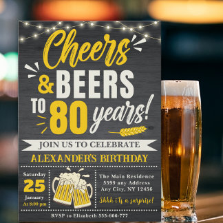 Cheers and Beers to 80 Years, Beer-Themed  Einladung