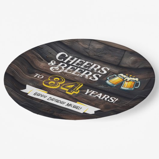 Cheers and Beers to 84 Years Rustic Birthday Pappteller (Schrägansicht)