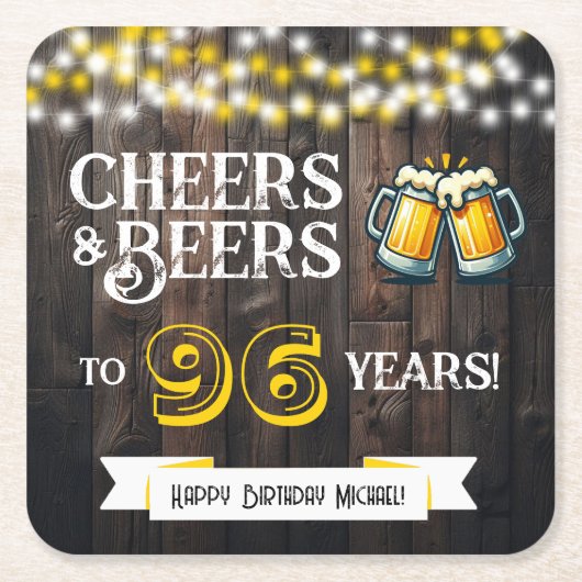 Cheers and Beers to 96 Years Rustic Birthday Rechteckiger Pappuntersetzer (Vorderseite)