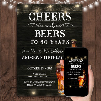 Cheers and Bers 80. Geburtstag Bar Lights Invitati Einladung