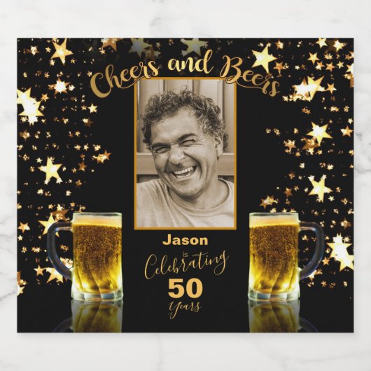 Cheers and Bers Foto Name Age Black and Gold Bierflaschenetikett (Einzelnes Label)