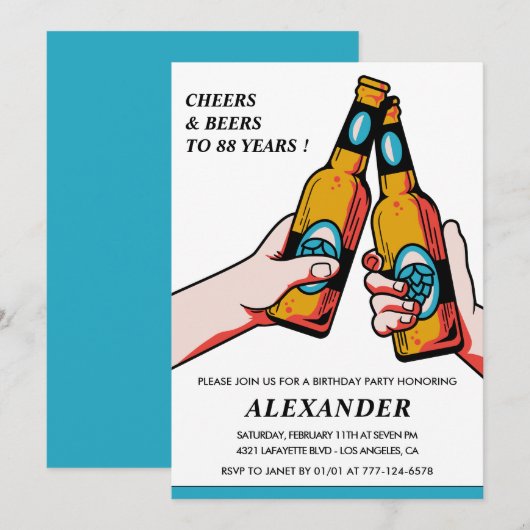 Cheers and Bers Rustic Men Blue 88. Geburtstag Einladung (Vorne/Hinten)
