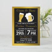 Cheers & Beers Black & Gold Bachelor Party Einladung (Stehend Vorderseite)