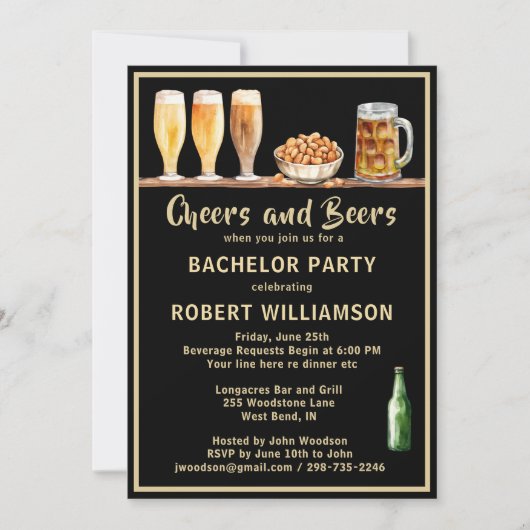 Cheers & Beers Black & Gold Bachelor Party Einladung (Vorderseite)