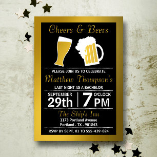 Cheers & Beers Black & Gold Bachelor Party Einladung
