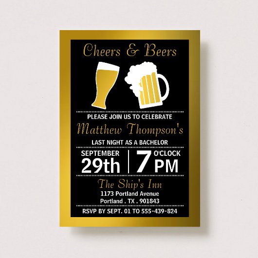Cheers & Beers Black & Gold Bachelor Party Einladung