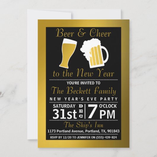 Cheers & Beers Black & Gold Silvester Party Einladung (Vorderseite)