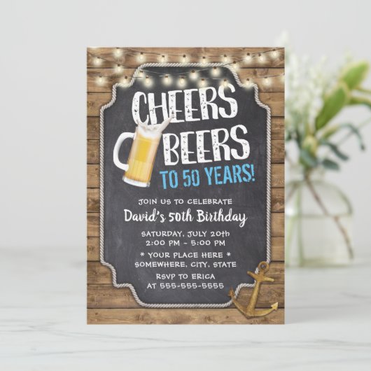 Cheers & Beers Gold Anker Rustikaler 50. Geburtsta Einladung (Stehend Vorderseite)