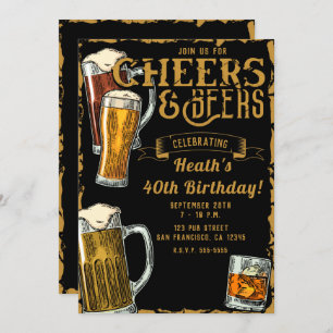 Cheers & Beers Gold Black Pub Bar Geburtstagsparty Einladung