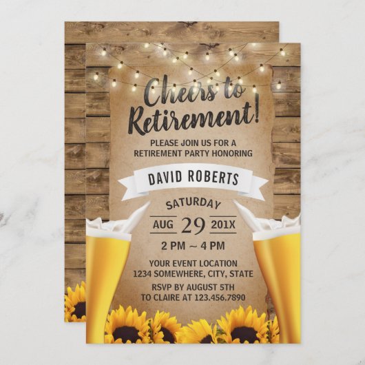 Cheers Beers Rustic Sunflowers Rtirement Party Einladung (Vorne/Hinten)