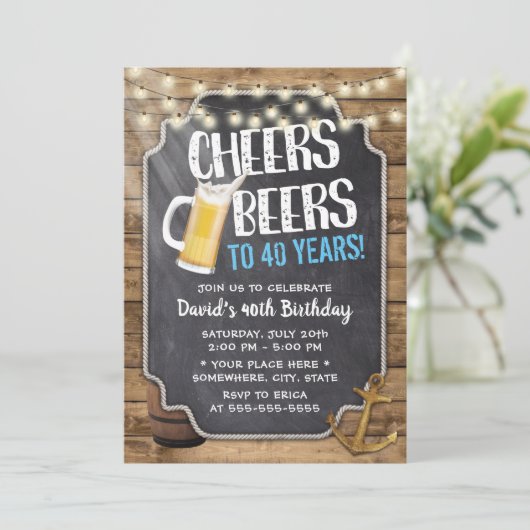 Cheers & Beers Rustikale String Lights 40. Geburts Einladung (Stehend Vorderseite)