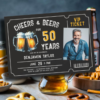 Cheers Beers Ticket Men Black 50. Geburtstag Foto Einladung