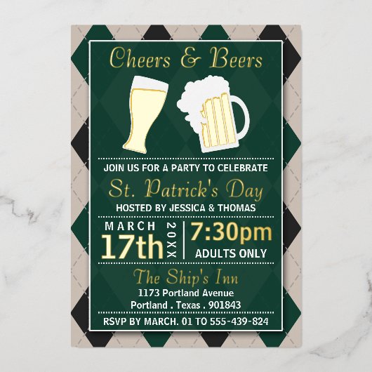 Cheers & Beers Trendy St. Patrick's Day Party Real Folieneinladung (Vorderseite)