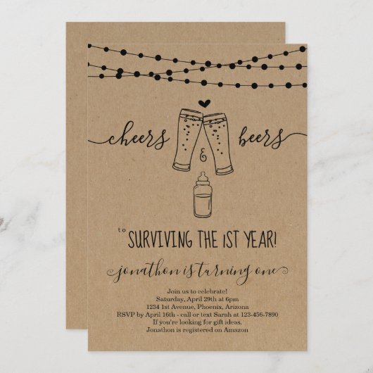 Cheers & Biere Einladung zum ersten Geburtstag (Vorne/Hinten)