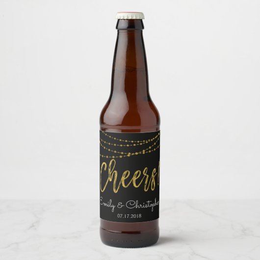 Cheers Black and Gold Foil String Lights Bierflaschenetikett (Vorderseite)