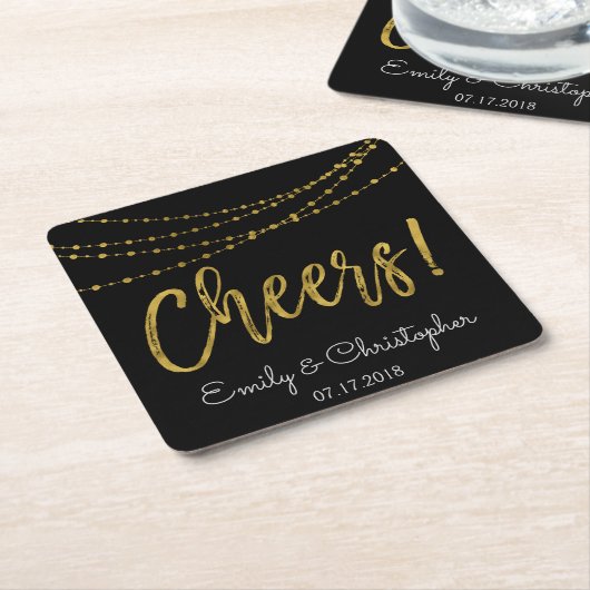 Cheers Black and Gold Foil String Lights Rechteckiger Pappuntersetzer (angewinkelt)