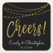 Cheers Black and Gold Foil String Lights Rechteckiger Pappuntersetzer (Vorderseite)