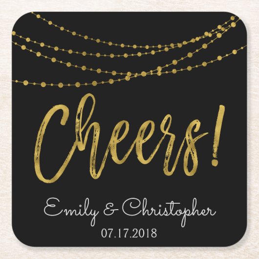 Cheers Black and Gold Foil String Lights Rechteckiger Pappuntersetzer (Vorderseite)