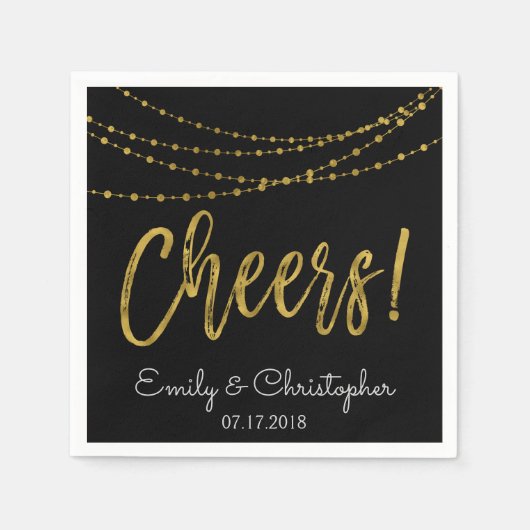 Cheers Black and Gold Foil String Lights Serviette (Vorderseite)