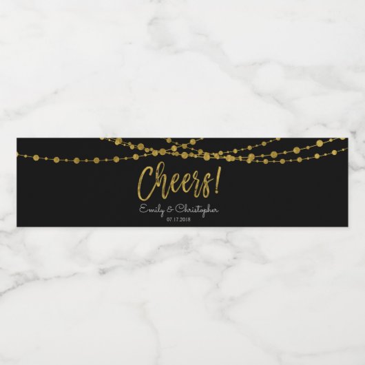Cheers Black and Gold Foil String Lights Wasserflaschenetikett (Einzelnes Label)